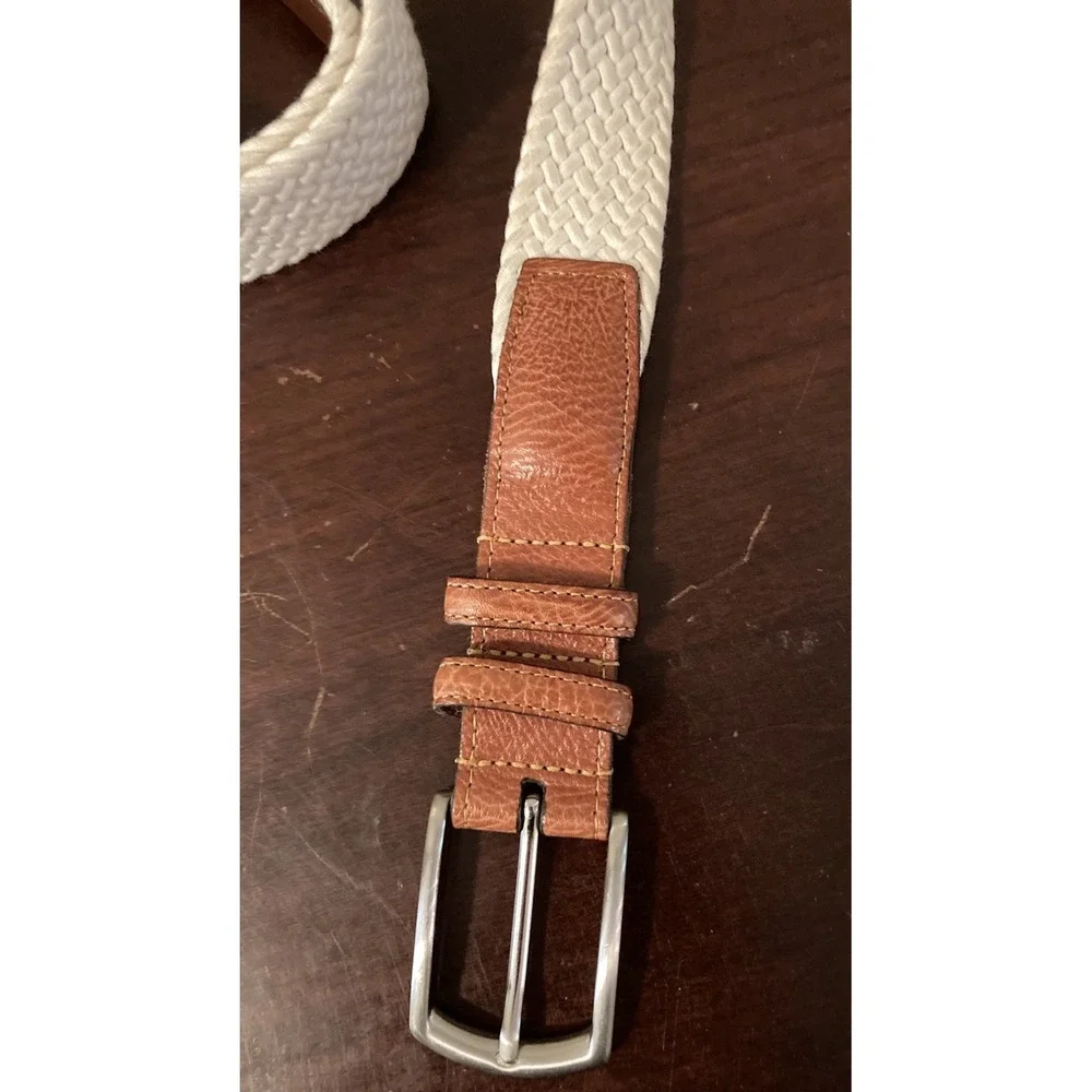 Torino Leather Woven Belt Size 42 Ivory Stretch Braid Silver Brass‎ Buckle USA